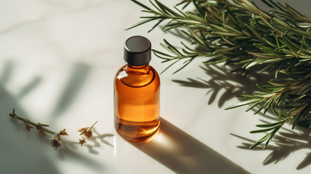 Rosemary essential oil in a small glass bottle with fresh rosemary twigs on a white background.の素材