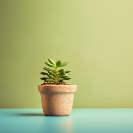 Small succulent plant in pot on blue and green background with copy spaceの素材