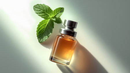 Mint essential oil in a glass bottle with fresh mint leaves on a light backgroundの素材