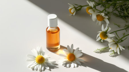 Chamomile essential oil in a glass bottle on a white background with daisies.の素材