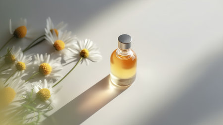 Essential oil in a bottle with camomile flowers on a white backgroundの素材