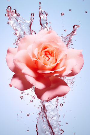 Beautiful pink rose in water splash on blue background, closeupの素材