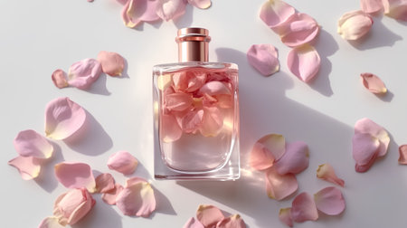 Perfume bottle with rose petals on white background, top viewの素材