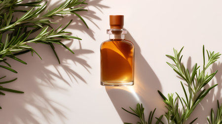Rosemary essential oil in a glass bottle with fresh rosemary twigs on a light background.の素材