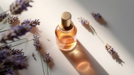 Lavender essential oil in a glass bottle with lavender flowers on a white background.の素材