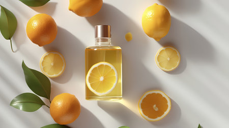 Citrus essential oil in glass bottle with lemons and green leaves on white background. 3d illustrationの素材
