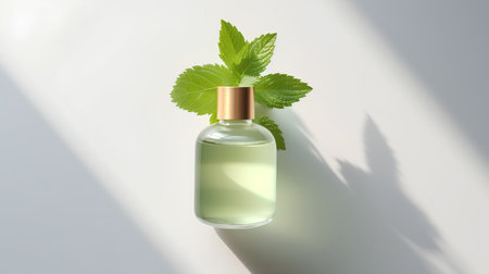 Glass bottle of essential oil with fresh mint leaves on white background. 3d illustrationの素材