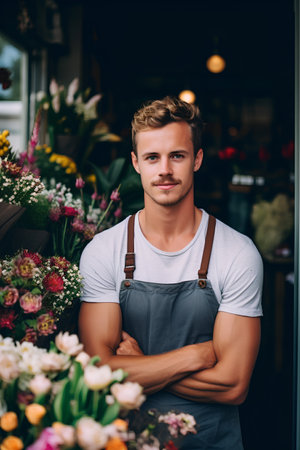 Portrait of handsome florist standing with arms crossed in flower shopの素材