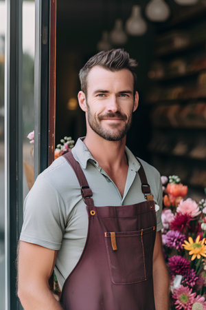 portrait of handsome florist in apron standing near flower shopの素材