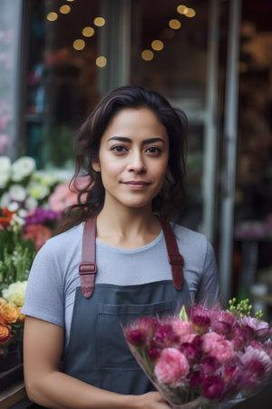 Portrait of young woman florist holding a bouquet of flowersの素材