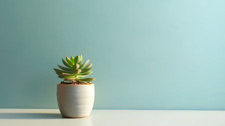 Succulent plant in a pot on a white table against a blue wallの素材