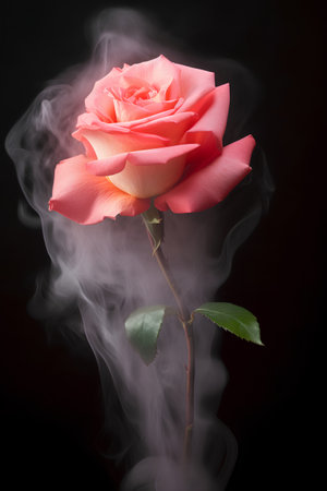 Beautiful pink rose with smoke on a black background. Toned.の素材