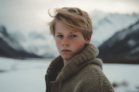 Portrait of a boy in the mountains. Winter landscape. Selective focus.の素材