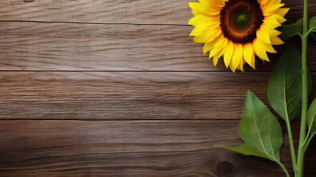 Sunflower on wooden background. Top view with copy space for your textの素材