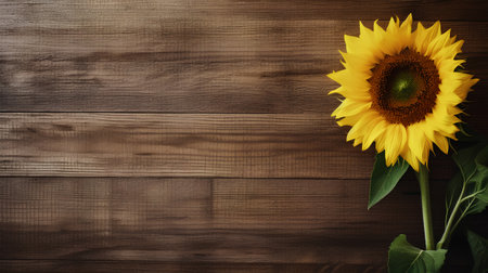 Sunflower on wooden background. Top view with copy space for your textの素材