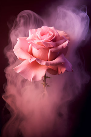 Beautiful pink rose with smoke on dark background, close up.の素材