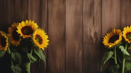 Sunflowers on wooden background. Sunflower blooming in summer.の素材