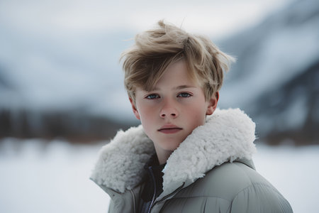 Portrait of a boy in a winter jacket on a background of snowy mountainsの素材