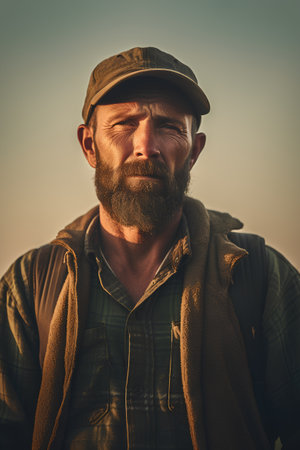 Portrait of a bearded man wearing a cap and a green shirt.の素材