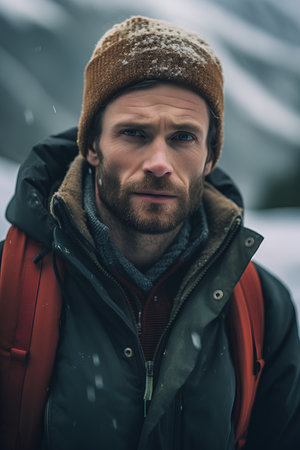Handsome bearded man in winter clothes with red backpack looking at cameraの素材