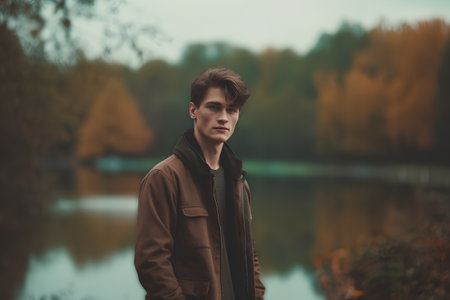 Portrait of a handsome young man in a brown coat in the autumn parkの素材