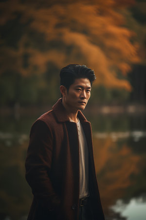 Portrait of a young handsome Asian man in a coat looking at the camera while standing near the lake.の素材