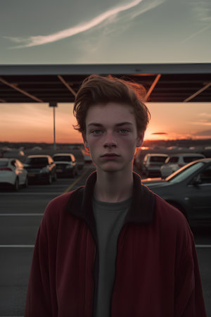 Portrait of a young man in a red coat on the background of the parking lot at sunsetの素材