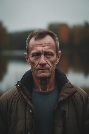 Portrait of a senior man on a background of the lake.の素材