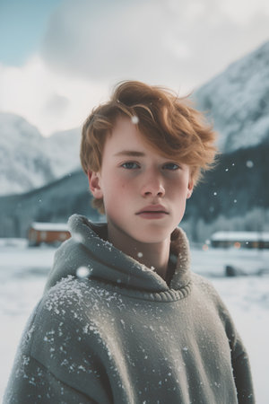 Portrait of a red-haired boy in the mountains in winterの素材