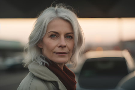 Portrait of senior woman looking at camera while standing in parking lotの素材