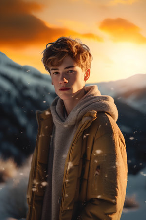 Portrait of a young handsome man in the mountains at sunset.の素材