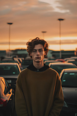 Handsome young man with curly hair, wearing a yellow sweater, standing in a parking lot.の素材