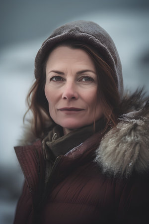 Portrait of a middle-aged woman in winter clothes on a background of snowy landscapeの素材
