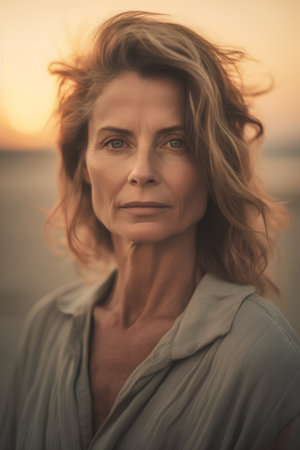 Portrait of beautiful mature woman on the beach at sunset. Toned.の素材