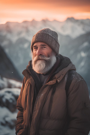 Handsome senior man with gray beard and hat in winter mountainsの素材