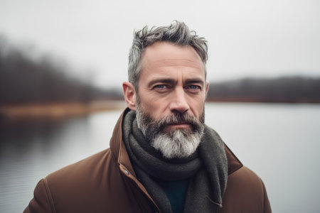 Portrait of a handsome senior man with grey beard and mustache outdoors in autumnの素材