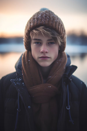 Portrait of a boy in a warm hat and scarf on the background of a frozen lakeの素材