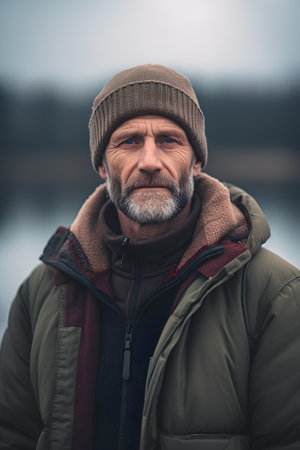 Portrait of a senior man with gray beard in a warm hat and jacket standing by the lake.の素材