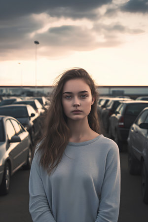 Portrait of a young beautiful girl in the parking lot at sunsetの素材