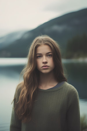 Portrait of a beautiful young woman with long hair on the background of a lakeの素材