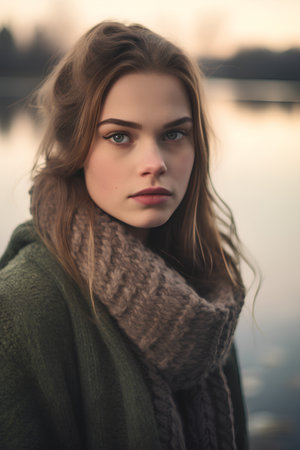 Portrait of a beautiful young woman in a warm sweater and scarfの素材
