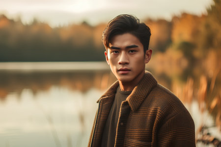 Portrait of a handsome asian man in a brown coat.の素材
