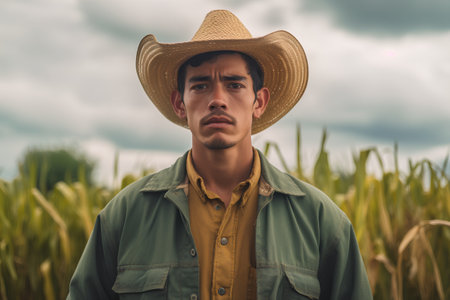 Portrait of a young farmer standing in the corn field and looking awayの素材