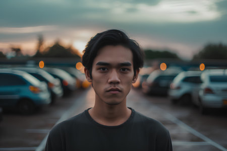 Portrait of a young asian man standing in the middle of a parking lotの素材