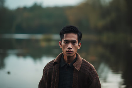 Young Asian man wearing a brown coat standing in front of a lakeの素材