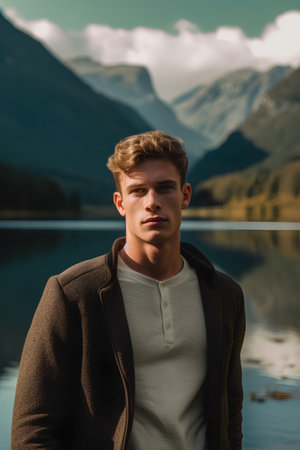 Portrait of a handsome young man in a coat on the background of a mountain lake.の素材