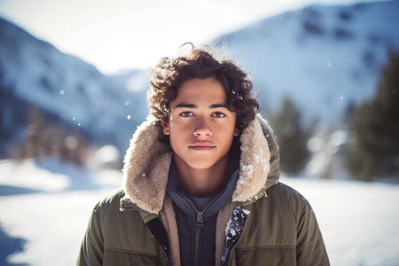 Portrait of a young man with curly hair in the winter forestの素材