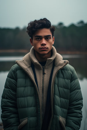 Portrait of a young indian man in winter clothes posing outdoorの素材