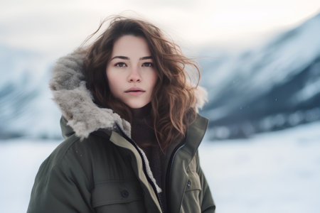 Beautiful young woman in a snowy forest. Winter portrait of beautiful girl.の素材