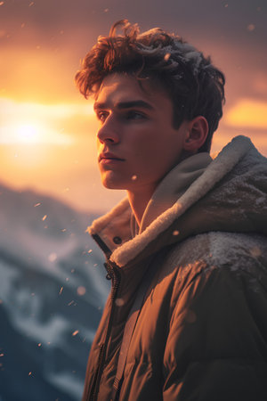Handsome young man on the background of snowy mountains at sunsetの素材